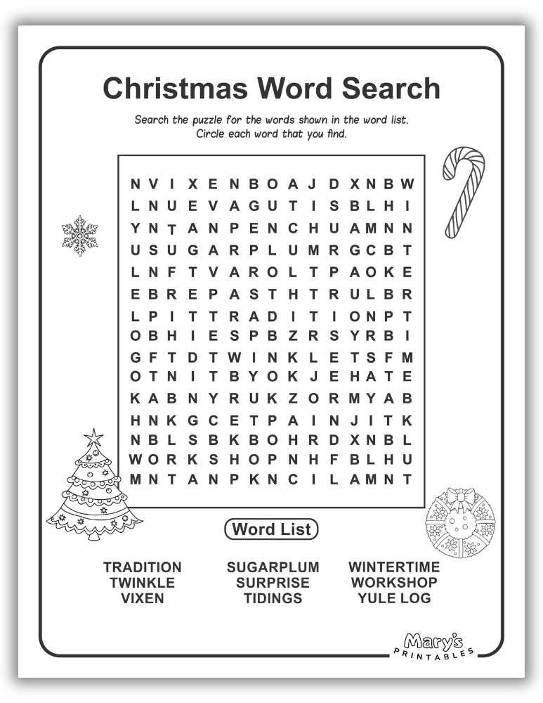 Printable Christmas word search with seasonal words for all ages, available in high-definition PDF format (Page 2).