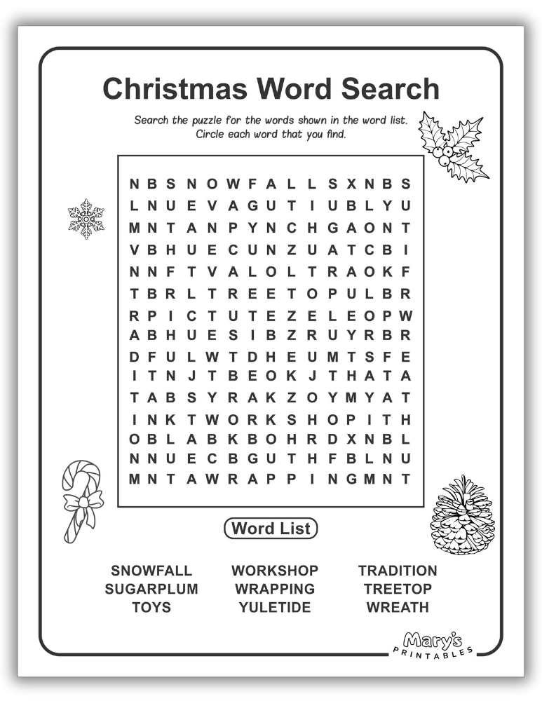 Printable Christmas word search for family fun, featuring popular holiday words, free high-definition PDF (Page 5).