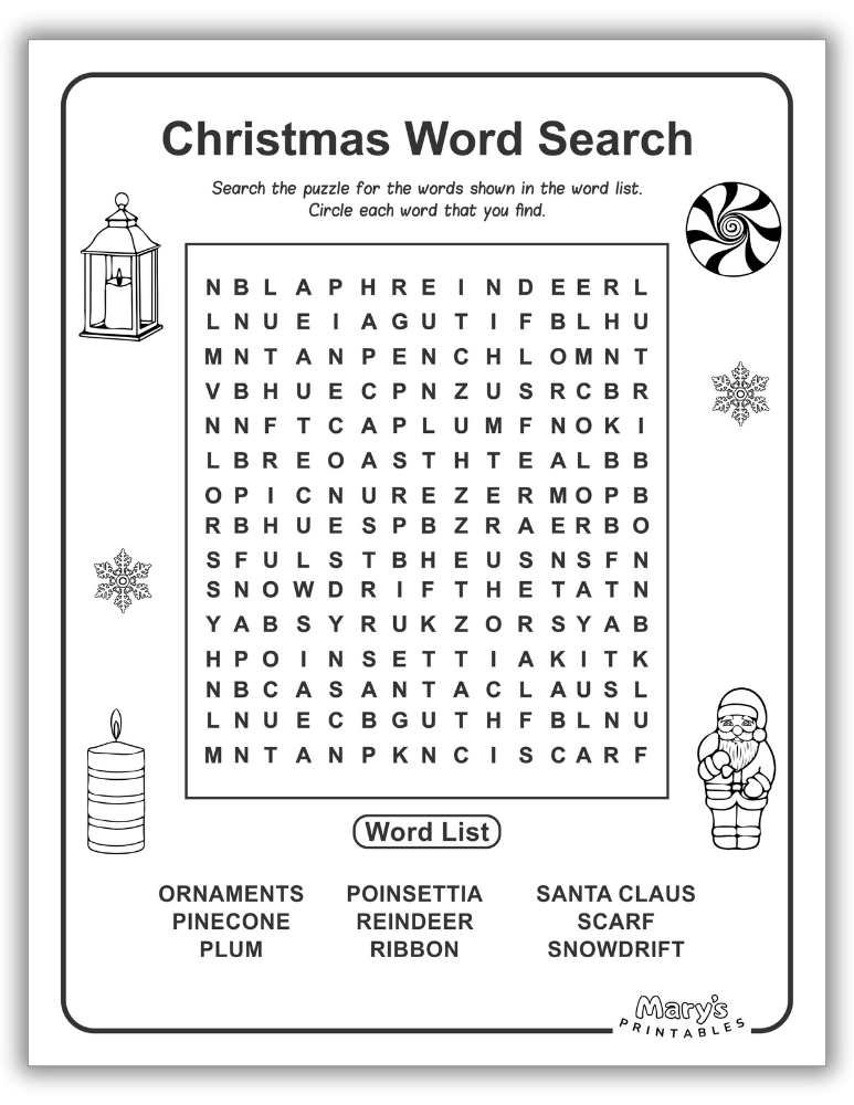 Christmas word search printable filled with seasonal vocabulary, available for free download in high-definition PDF (Page 7).