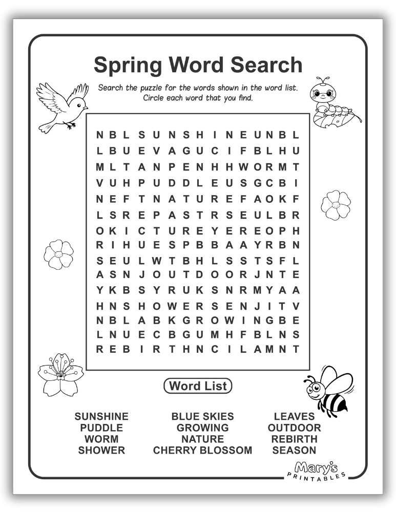 Free printable spring word search for kids