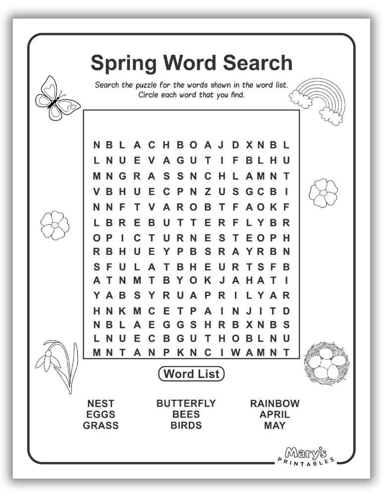 Fun spring word search for elementary students