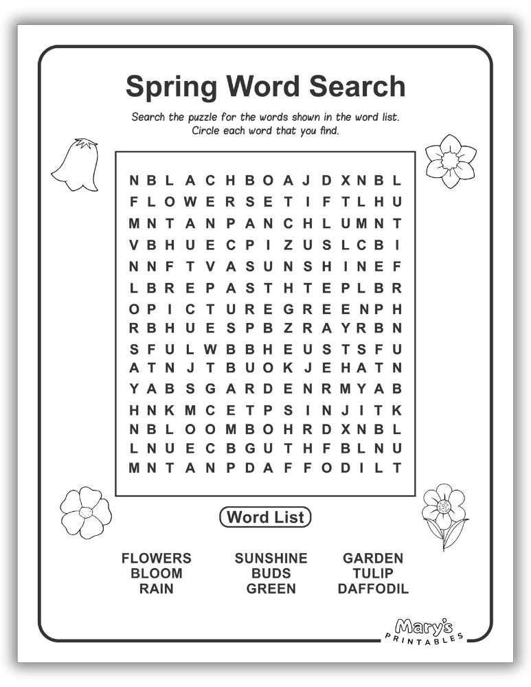 Springtime word search with nature-themed words