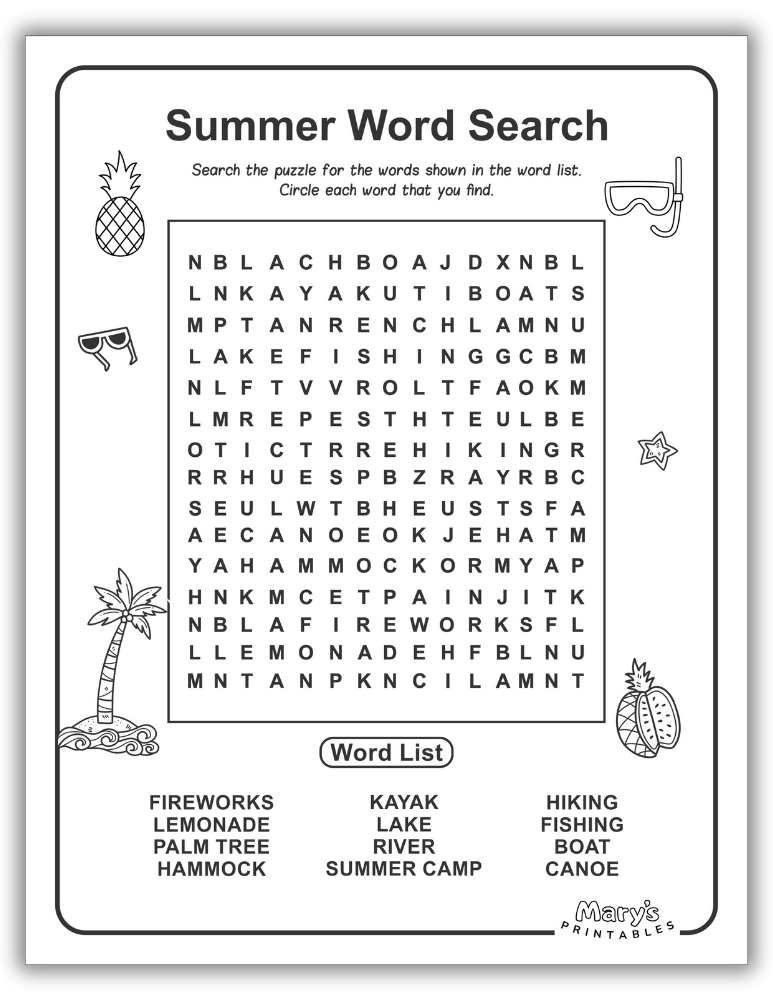 Download Summer Word Search Free Printable Print 2