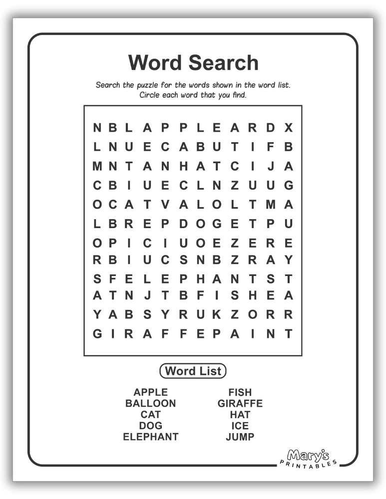 Preview of Printable Word Searches for Kids - Easy Level - Download Here