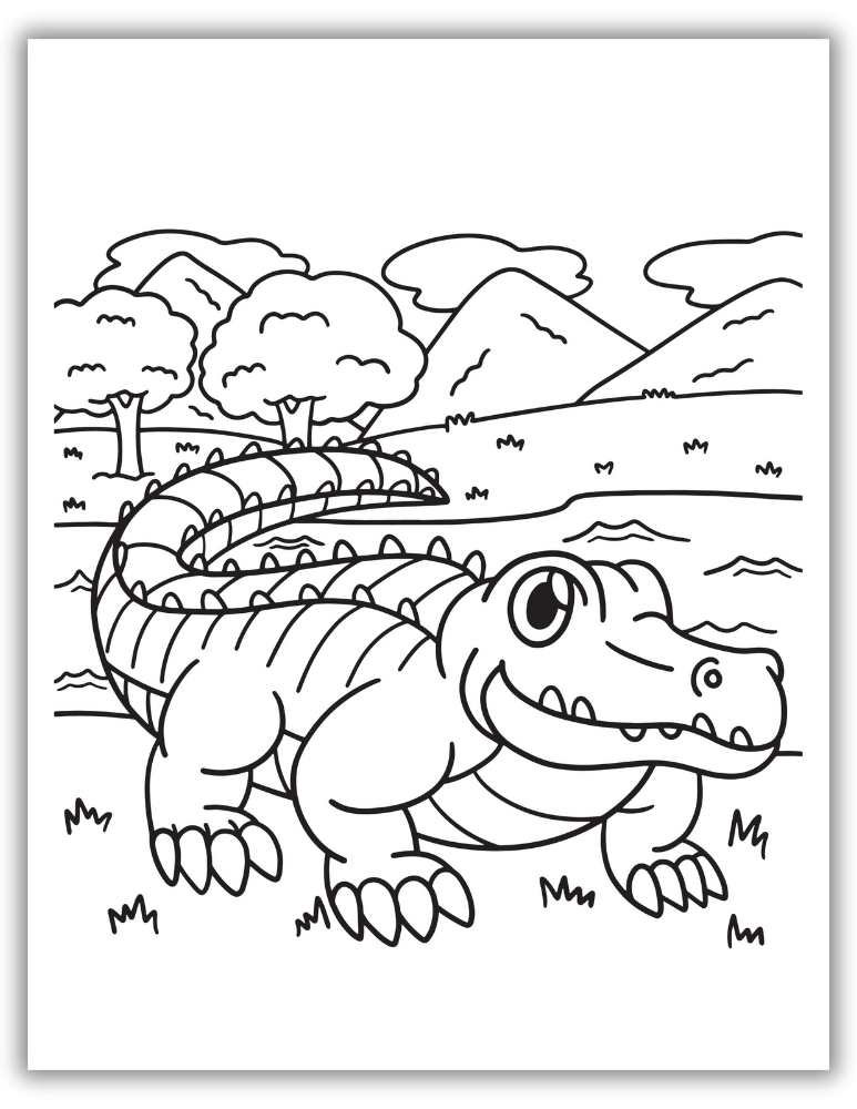 Cute Cartoon Alligator or Crocodile With Big Eyes Coloring Sheet