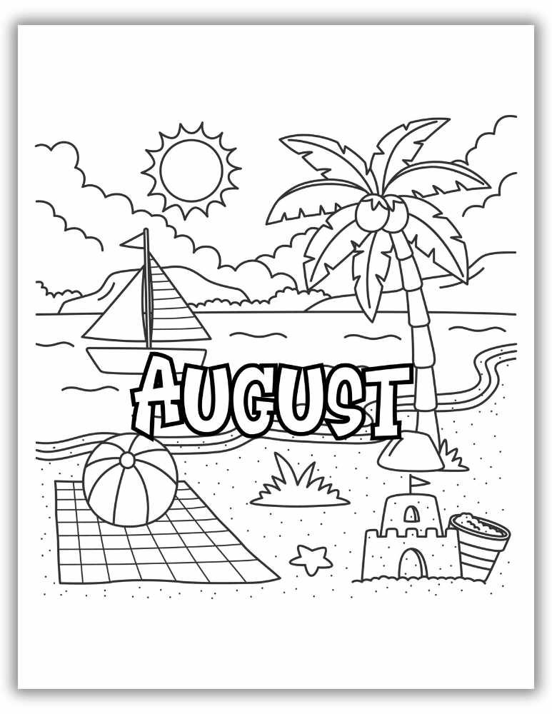 August Coloring Page on the Beach