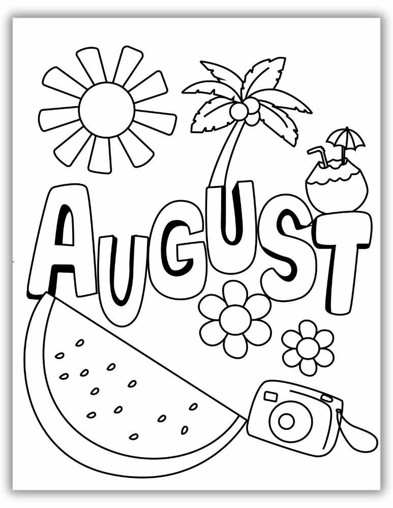August Coloring Page with Summer Elements