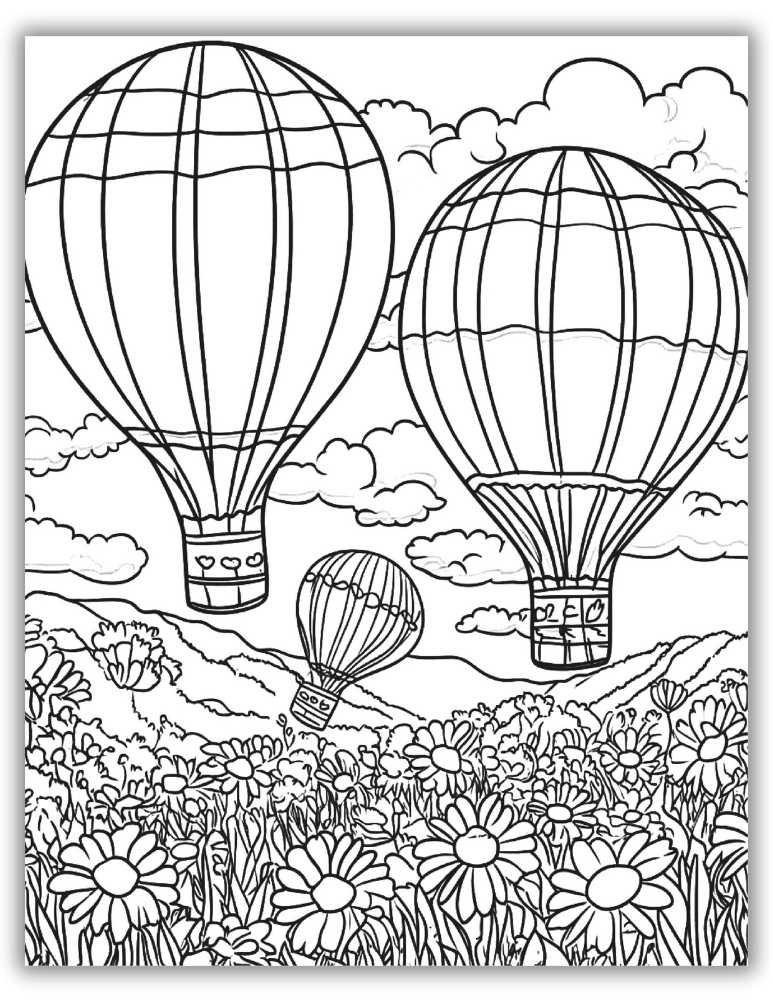 Hot air balloon flying in the sky coloring page