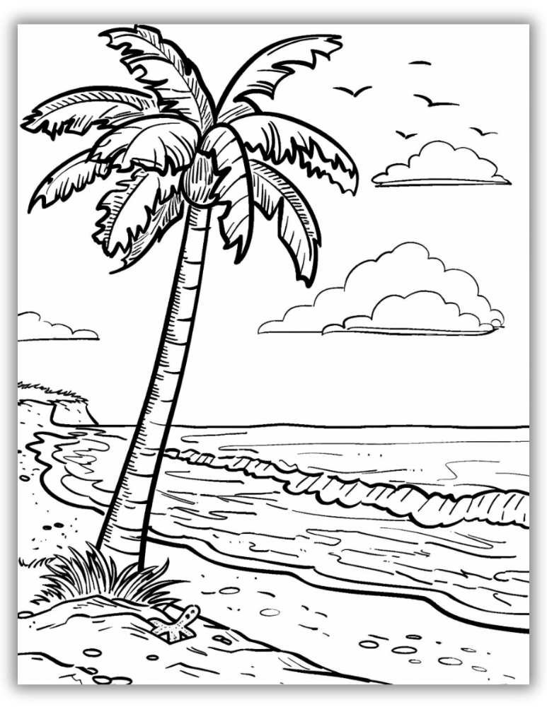 Cute beach coloring pages for kids with sandcastles and ocean waves