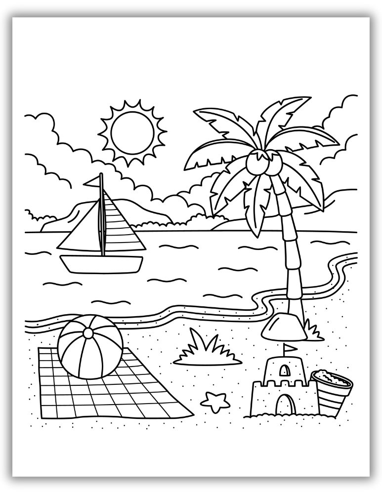Free printable beach coloring pages featuring fun seaside scenes