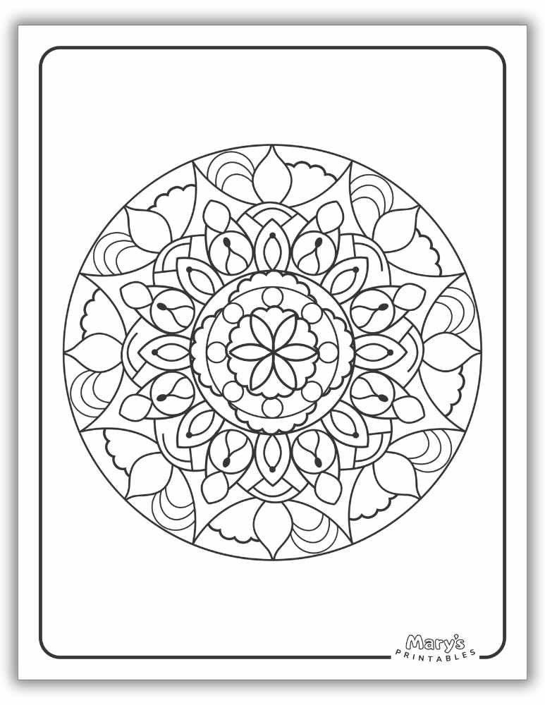 Highly detailed printable geometric mandala coloring page for mindfulness and relaxation.