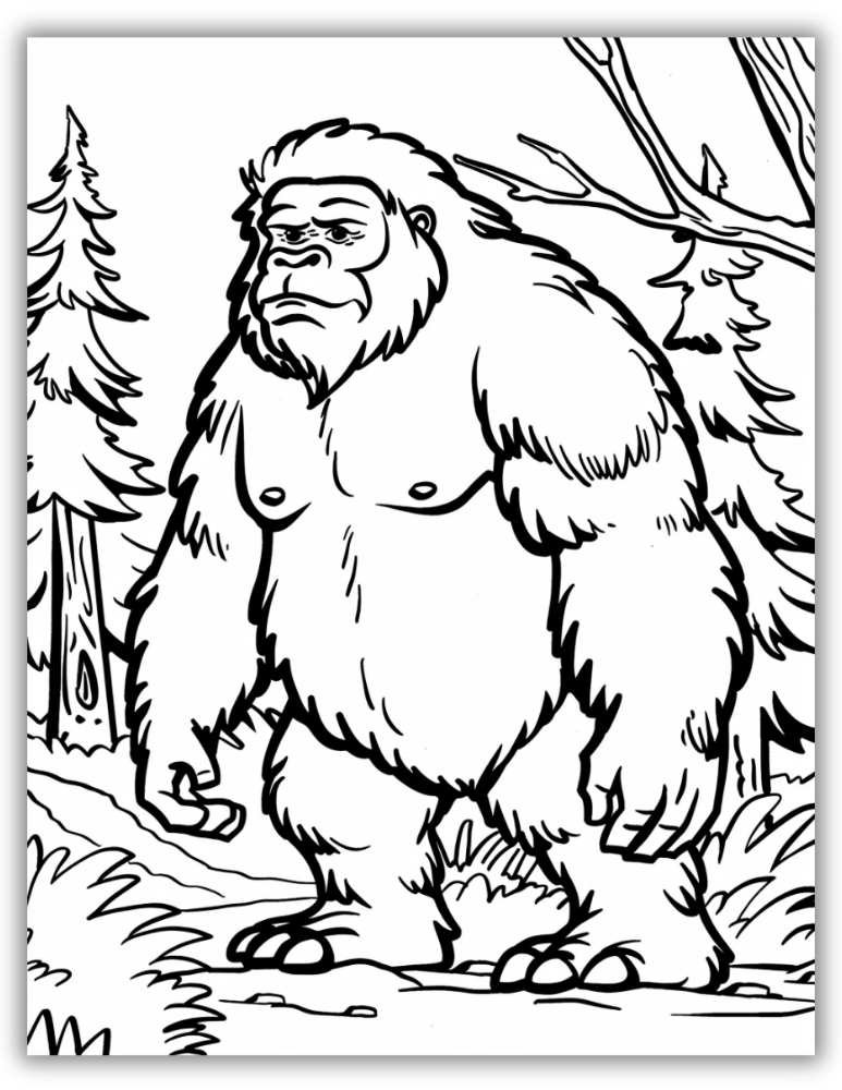 Fun Bigfoot coloring page with a friendly Sasquatch walking through the woods, great for kids and adults who love cryptids.