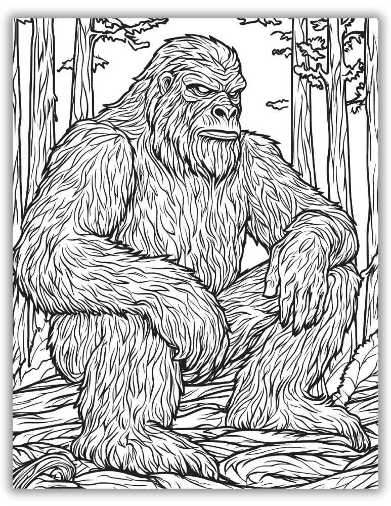 Printable Bigfoot coloring page featuring a legendary hairy creature in a spooky nighttime forest scene.