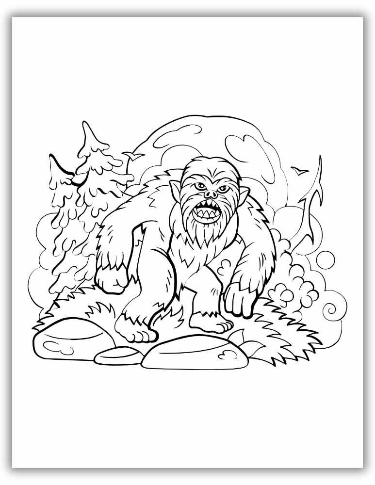 Detailed Bigfoot coloring sheet showcasing a mysterious Sasquatch silhouette against a mountain backdrop, perfect for coloring fun."