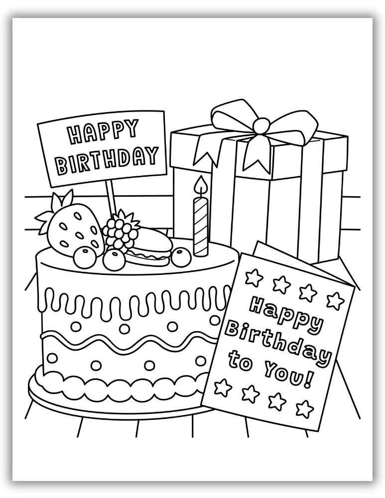 Happy Birthday Cake Coloring Page with Gifts and Cards