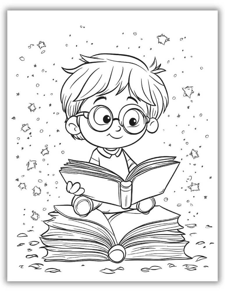 Cartoon book coloring page with cute smiling boy