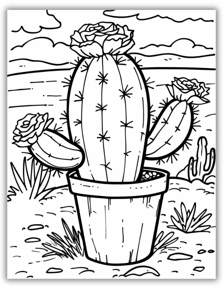 Cactus in desert scene coloring page