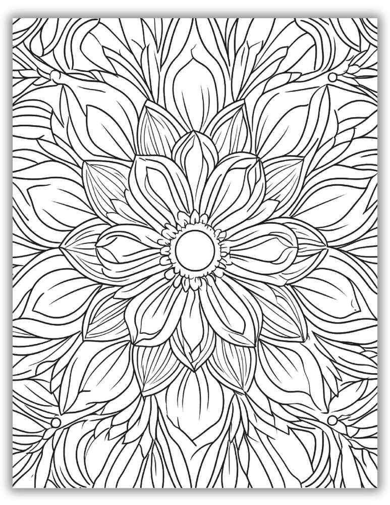Intricate printable geometric mandala coloring page with symmetrical patterns for adults.