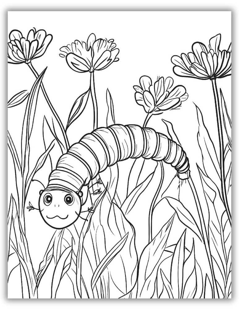 Caterpillar and flower coloring page