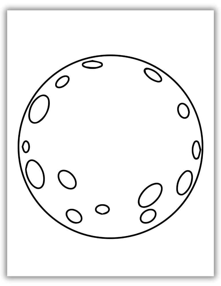 Simple full moon with crater textures – free printable PDF coloring page perfect for practicing shading and moon surface details.