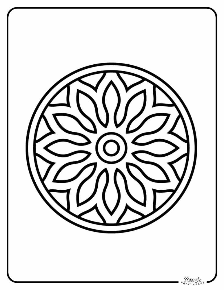 Abstract mandala coloring page for adults with sharp, symmetrical lines.