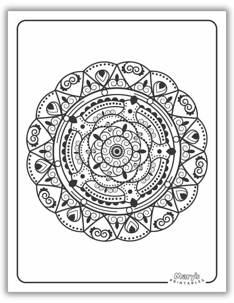 Unique mandala with geometric precision, available as a printable for a relaxing coloring experience.