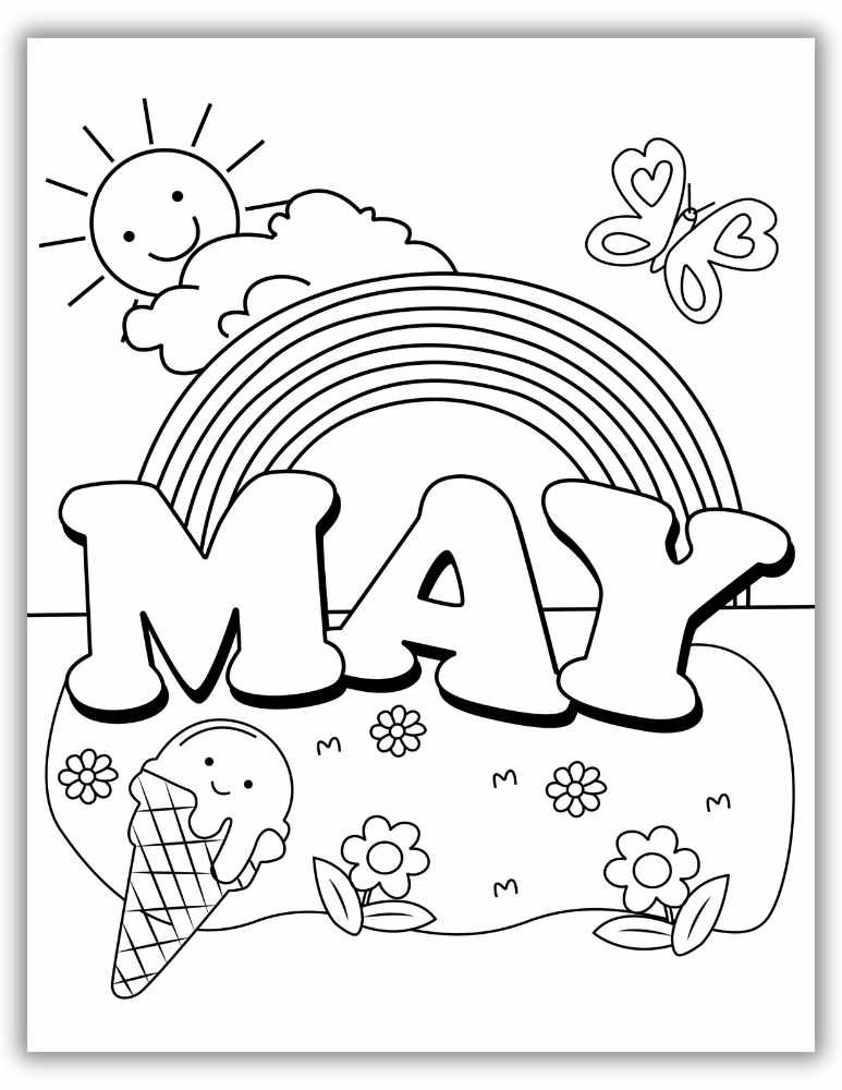 May Coloring Pages Free PDF Download with Rainbow and Ice Cream