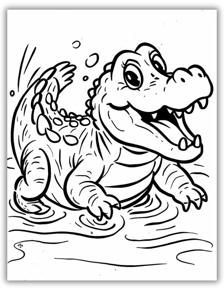 Realistic Alligator or Crocodile  In Water Coloring Page Printable