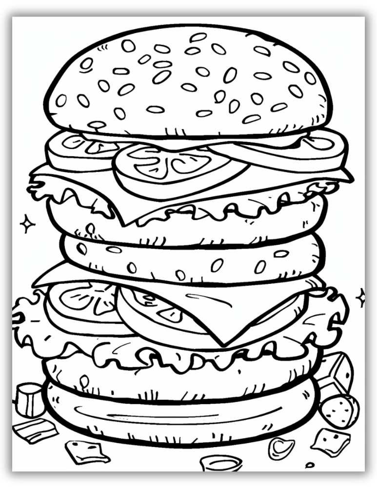Detailed burger with all the toppings coloring page