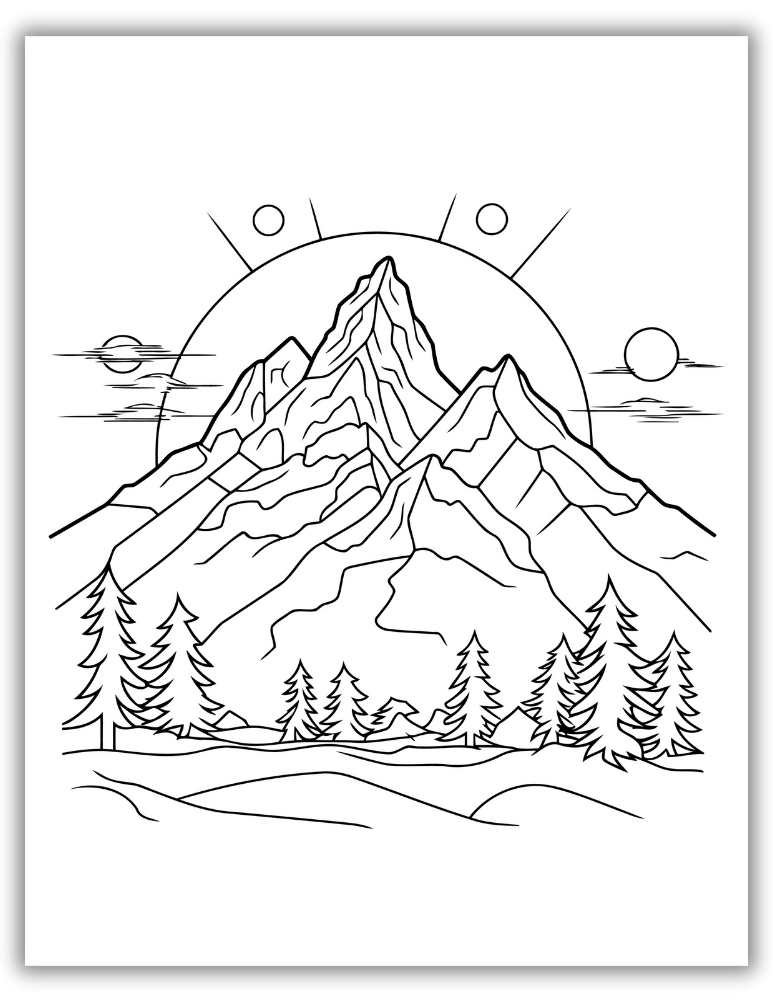 Balanced landscape of rugged mountains, pine trees, and a peaceful meadow – free printable PDF coloring page with mixed detail levels.