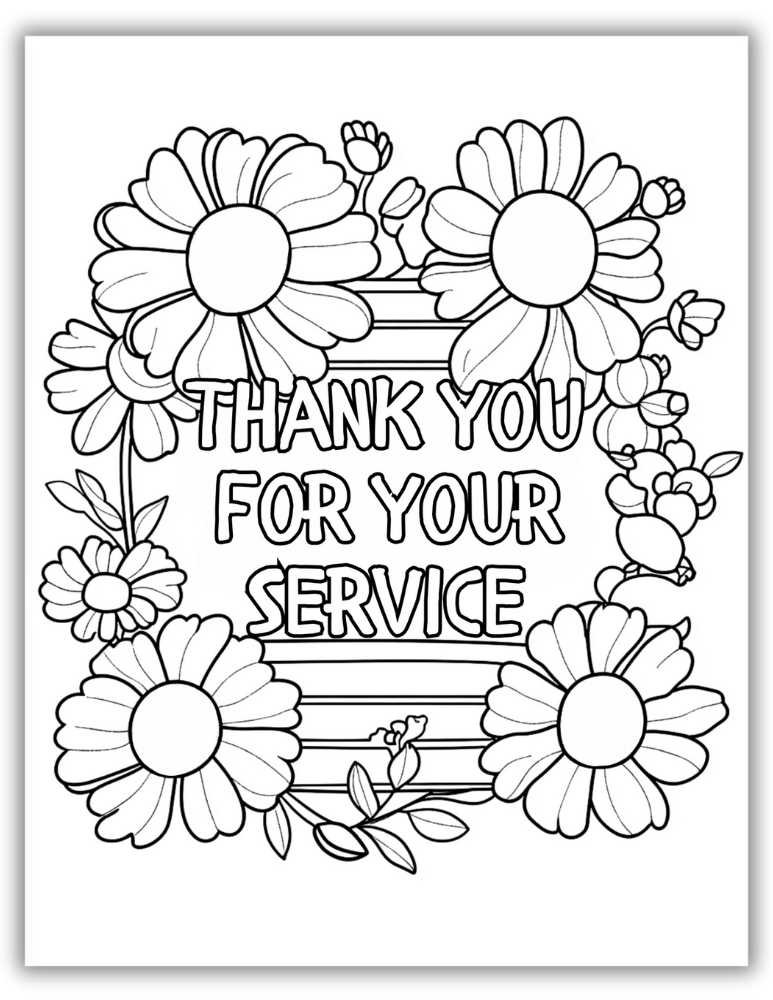 Thank You for Your Service Veterans Coloring Page with Beautiful Floral