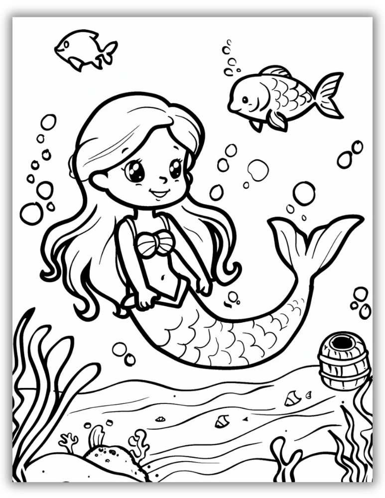 Mermaid swimming with fish and coral in an underwater adventure – lively free printable PDF coloring page for ocean-loving kids.
