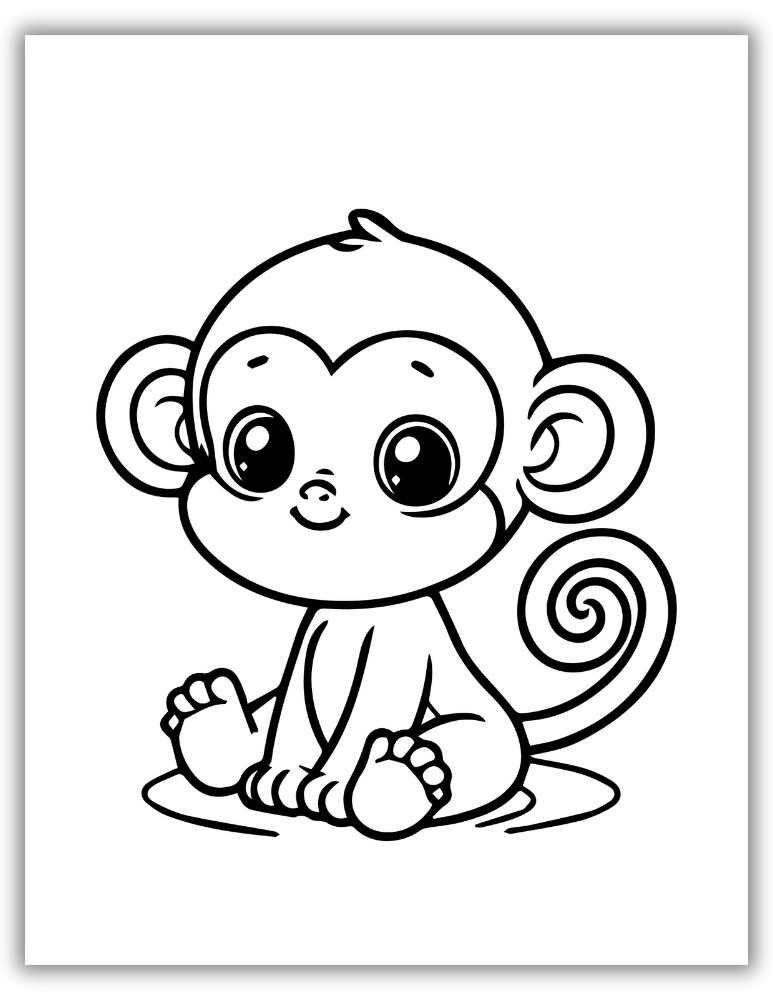 Smiling cartoon monkey face with big eyes and round ears – free printable PDF coloring page that’s simple and fun for toddlers and young kids.
