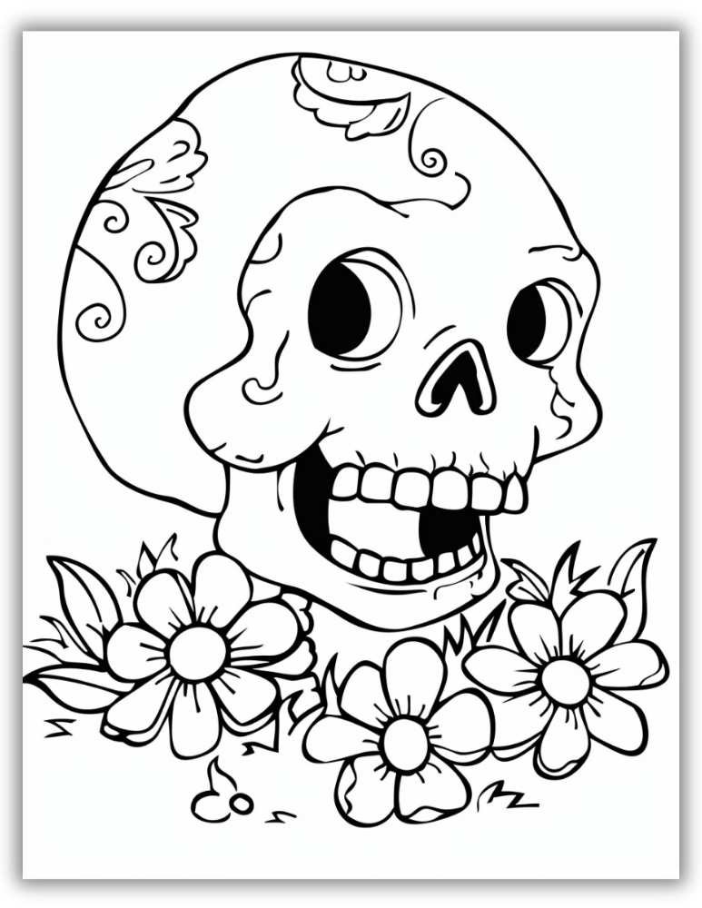Day of the Dead flowers and skulls coloring page