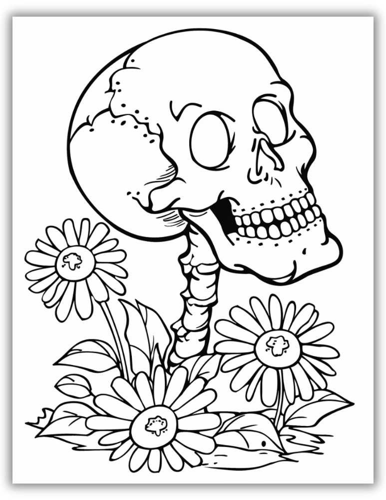 Funny Day of the Dead flowers and skulls coloring page