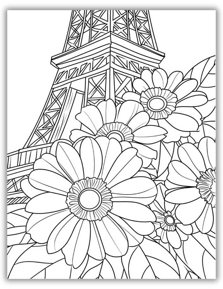 Cute floral coloring page near Eiffel Tower