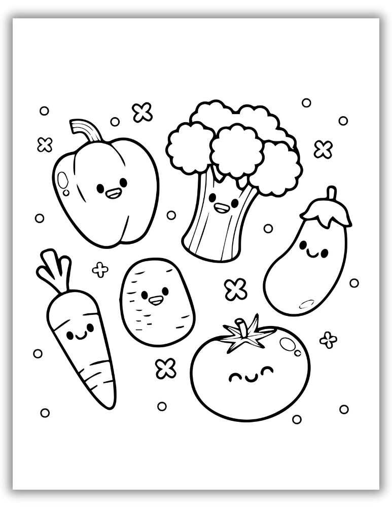 food coloring page for kids with cute vegetables and simple food illustrations