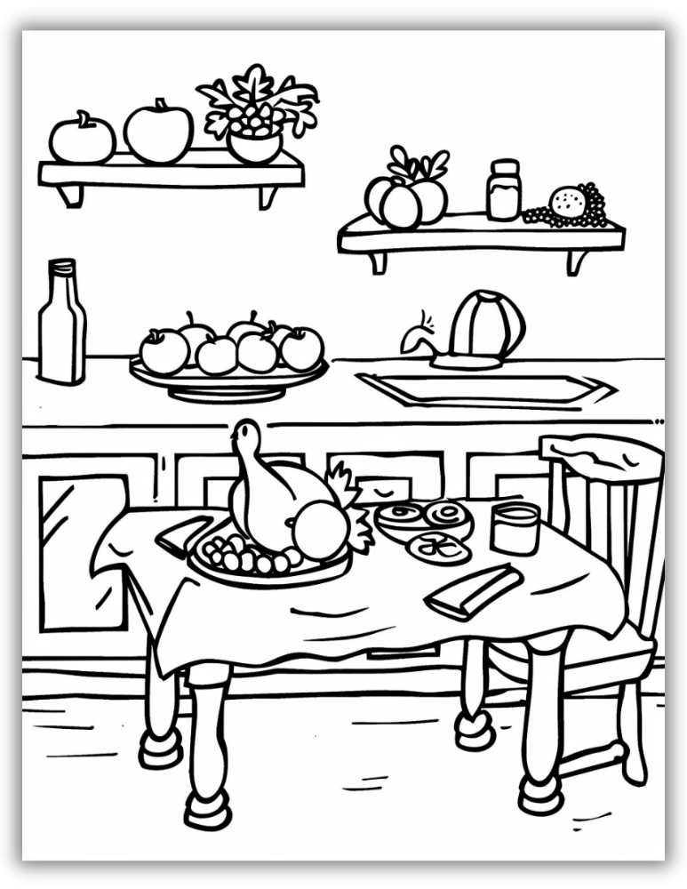 free printable food coloring page with fruits and kitchen items