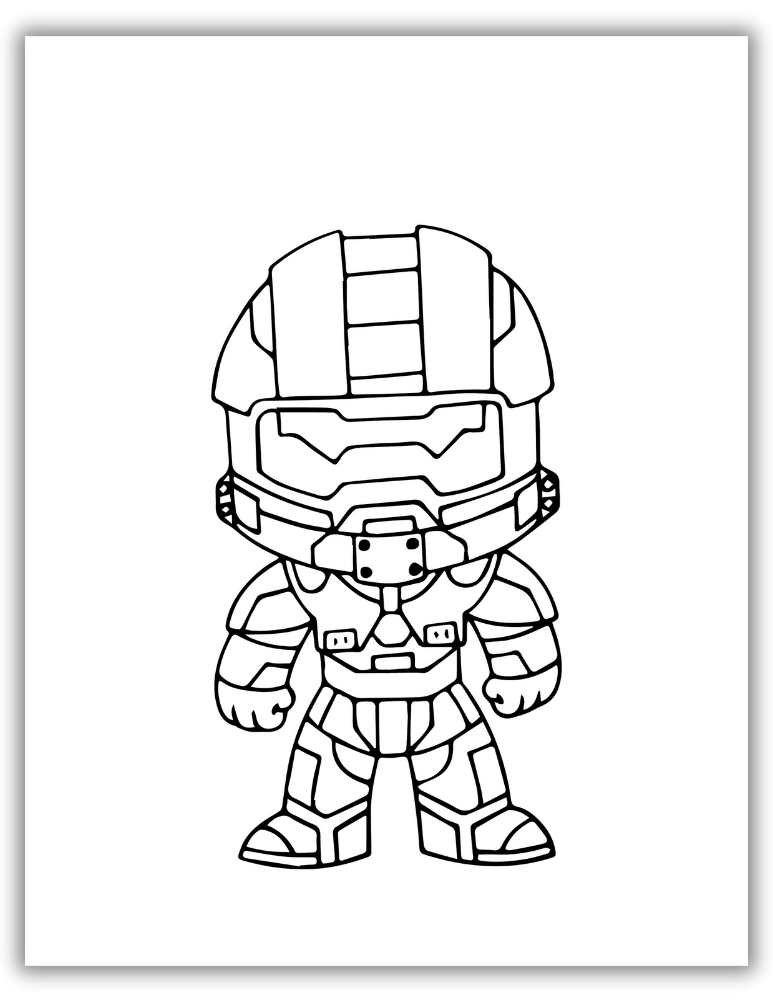 Chibi-style Spartan Halo coloring page with oversized helmet and small body