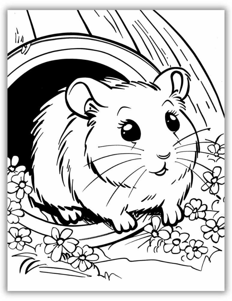 Hamster coloring page featuring a peek-a-boo pose from behind a flower pot