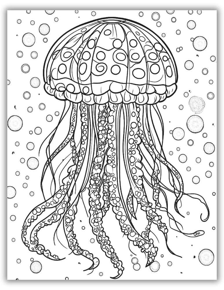 Abstract jellyfish coloring page with flowing tentacles and artistic swirls