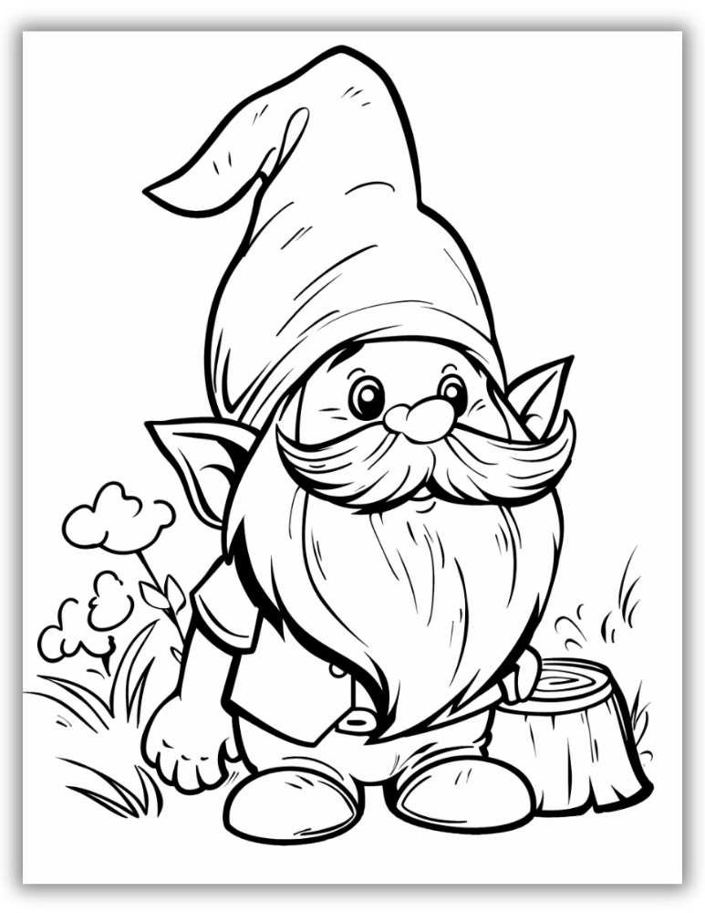 Charming forest gnome coloring page surrounded by flowers and trees”