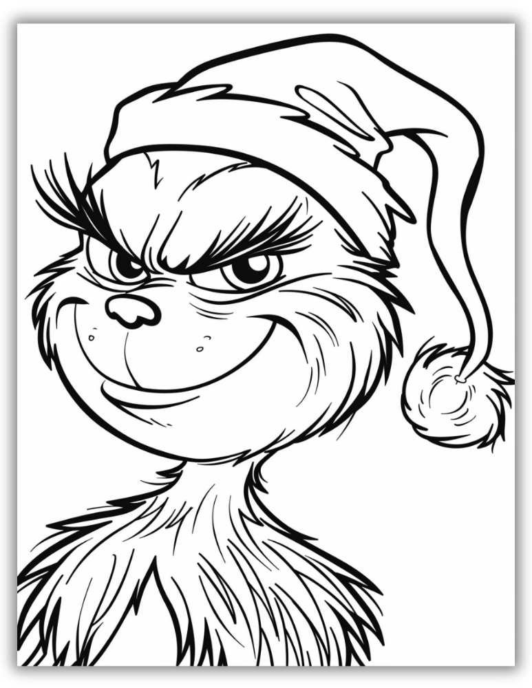 Classic Grinch coloring page wearing a Santa hat and smirking
