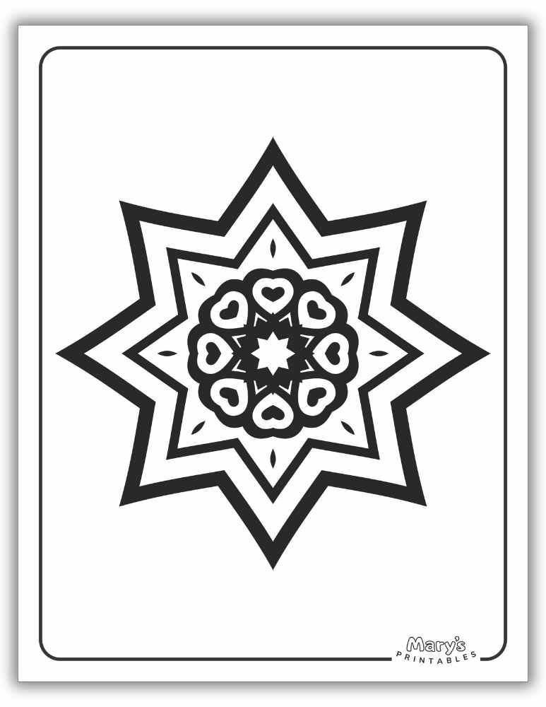 Printable mandala coloring sheet for adults featuring interconnected shapes.