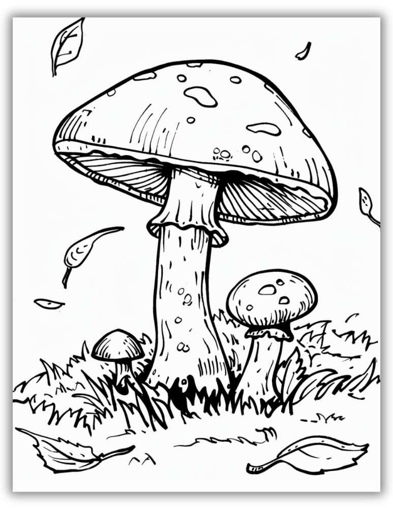 Cluster of realistic forest mushrooms surrounded by grass and leaves – free printable PDF coloring page for nature lovers and adults.