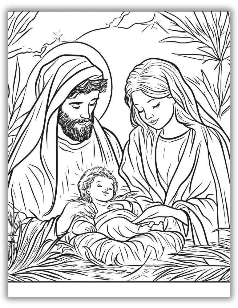 Intricate nativity illustration of Mary, Joseph, and baby Jesus – free printable PDF coloring page for older kids and adults seeking a detailed Christmas scene.