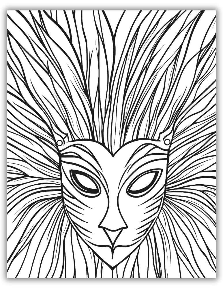 Mardi Gras coloring page of a fierce lion-inspired mask with detailed mane and facial features