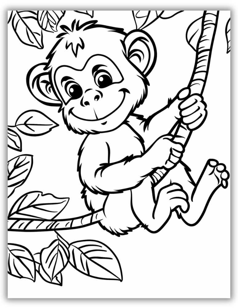 Monkey swinging on vines and playing in tropical jungle scenes – free printable PDF coloring pages for kids who love animals and adventure.