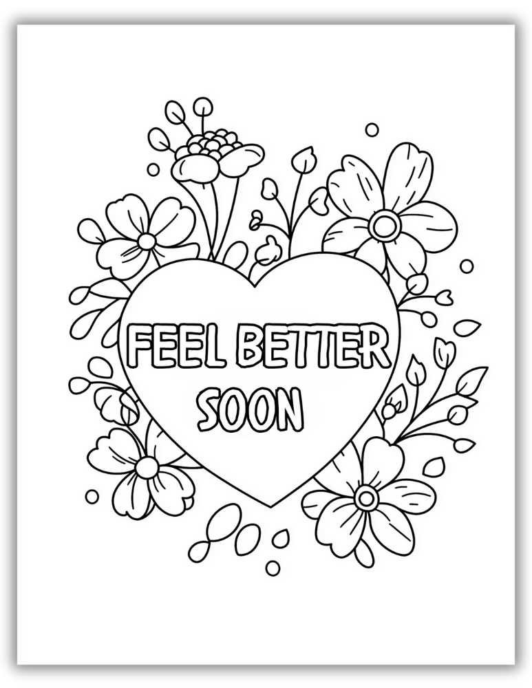 Feel better soon coloring page with heart and flower designs