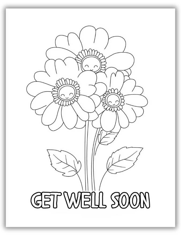 Get well soon coloring page decorated with three cute flowers